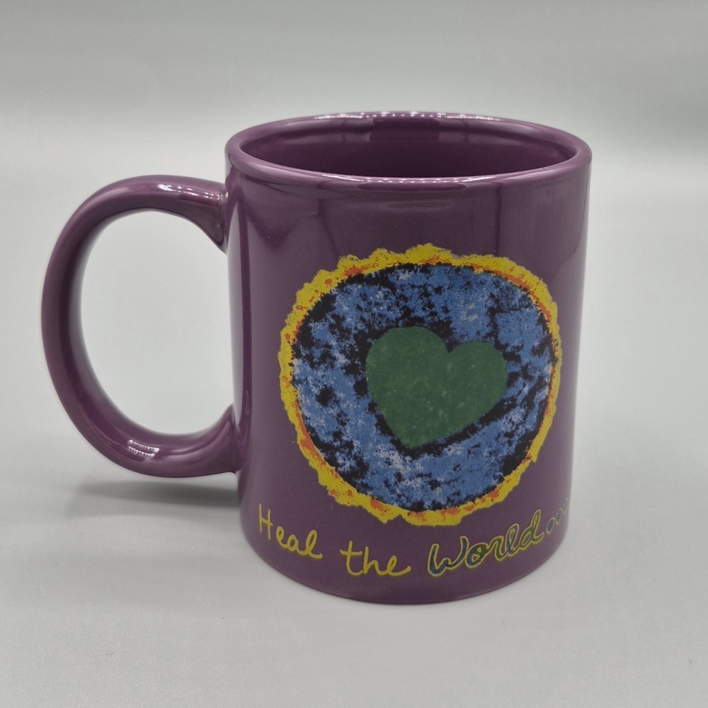 Penzeys Coffee Tea Mug Cup‎ Heal the World Cook Dinner Tonight Purple